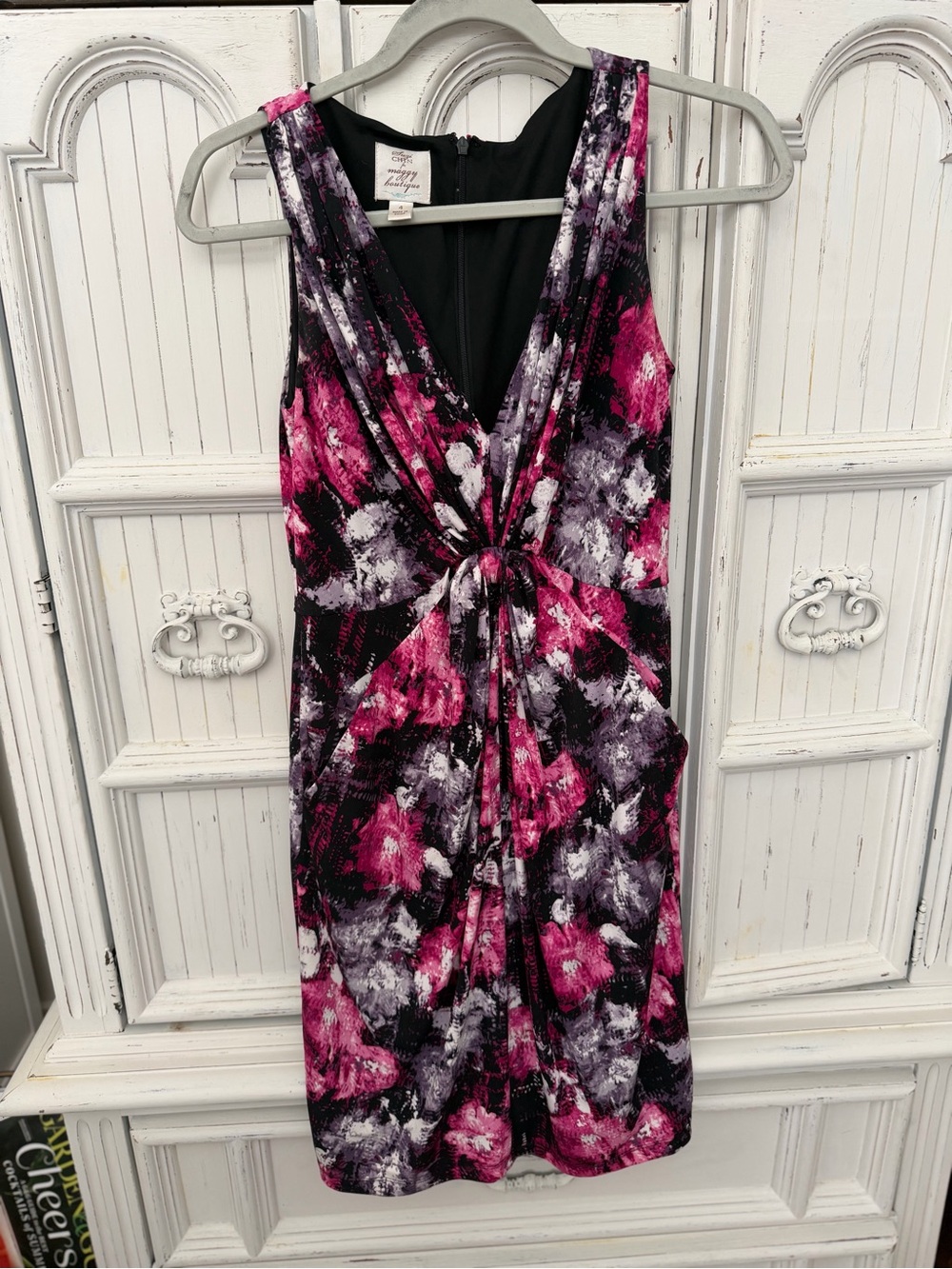 Suzi Chin for Maggy Boutique Pink, Black & White Knot-Front Sheath Dress